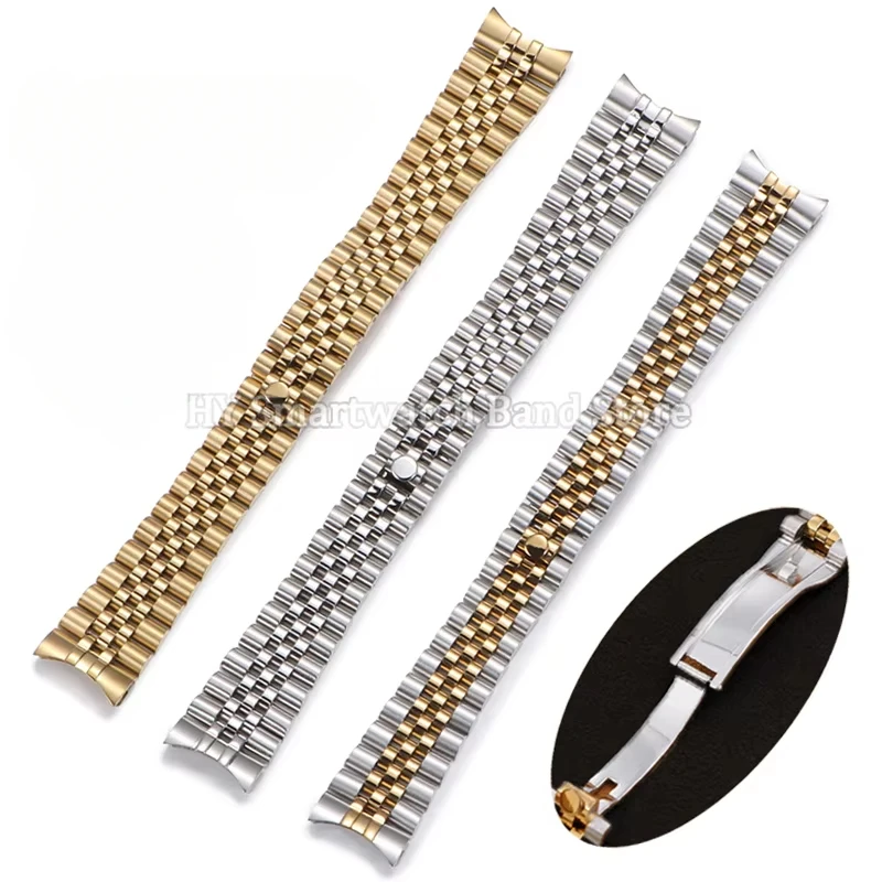 Elegant Stainless Steel Watch Strap with Folding Buckle and Curved End Design