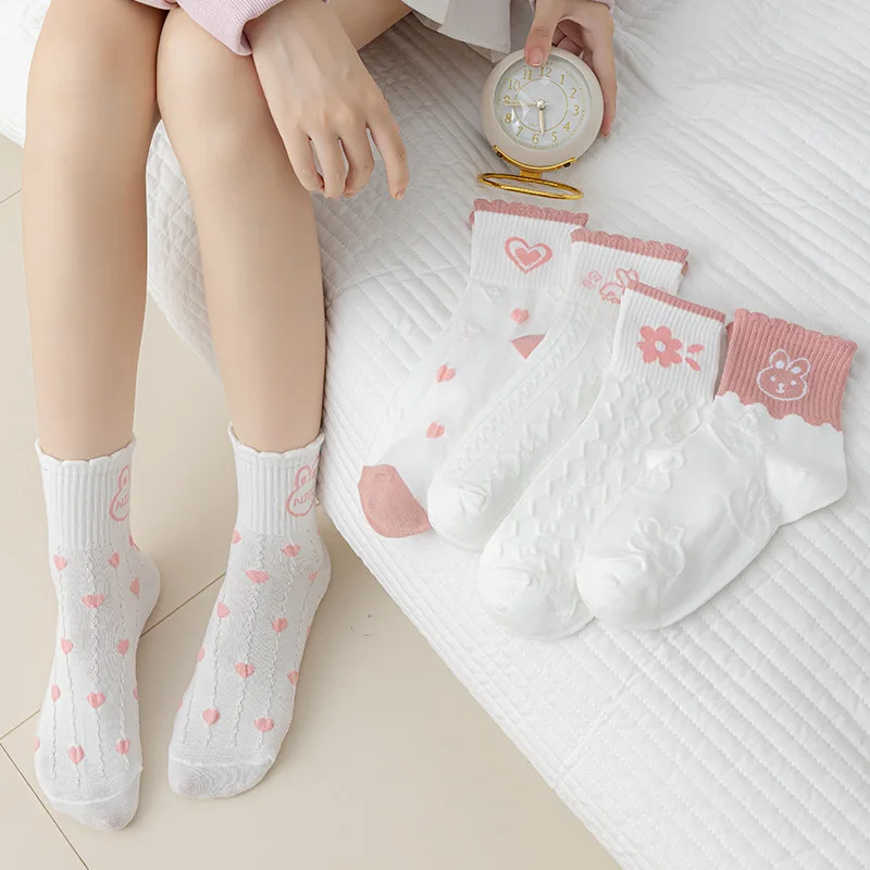 

5 Pairs Women's Socks Four Season Kawaii Middle Tube Heart Flower Pink Girls' Socks Students Harajuku Sock Stripes Sports Style