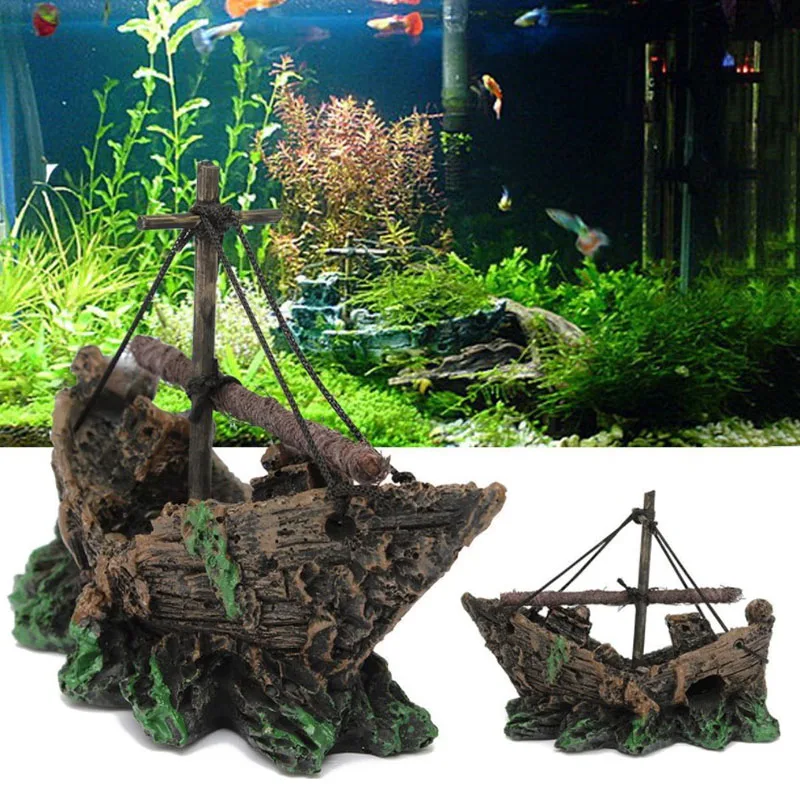 Aquarium Decoration Wreck Ship Ornament Sailing Boat Fish Tank Cave