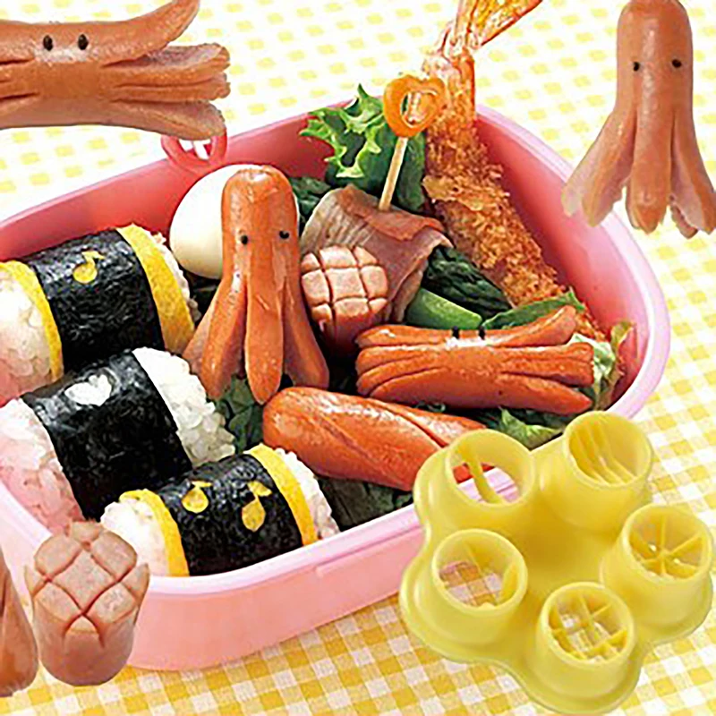 5 In 1 Flower Crab Octopus Style Ham Sausage Cutter Barbecue Hot Dogs Cutter Kitchen Cutting Mold Mould Set DIY Bento Decoration