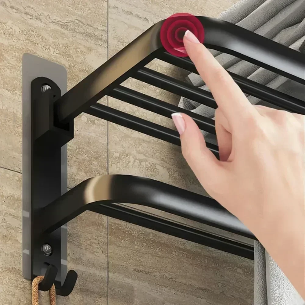 40/50/60CM Double Layer Towel Rack Black Folding Wall Mounted Bracket Aluminum Shower Rack Bathroom Accessories Holder towel rack towel holder bathroom hardware set