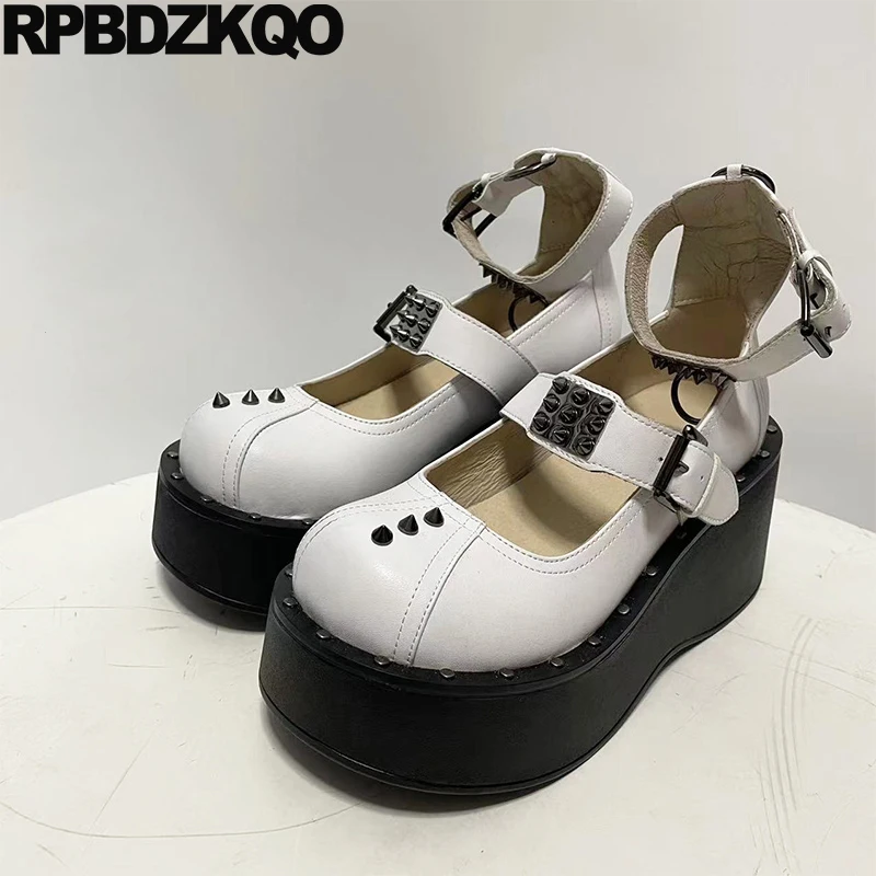 

Ankle Strap Punk 33 Stud Metal Women Big Size Pumps High Heels Round Toe Rivet Mary Jane Studded Cowhide Platform Wedges Shoes