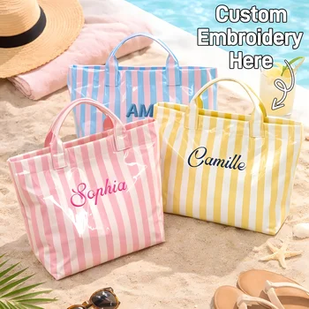Borsa Tote a Righe con Ricamo Personalizzato, Borsa da Spiaggia Impermeabile, Borsa Estiva per Shopping di Grande Capacità con Nome Personalizzato, Regalo per Donne