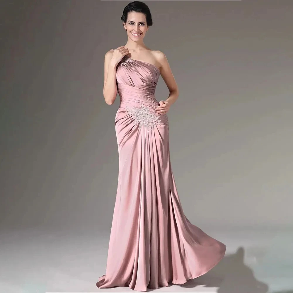 

Pink Satin One Shoulder Mermaid Party Dresses Appliques Floor-Length Wedding Mother Celebrity Evening Gowns vestidos de novia