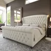 Chenille Upholstered Sleigh Bed with Scroll Wingback Headboard & Footboard/Button Tufted/No Box Spring, Bed Bases & Frames 1