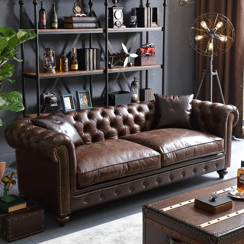 

Leather Sofa Living Room French Retro Pull Buckle Cigar Bar Oil Wax Leather Club