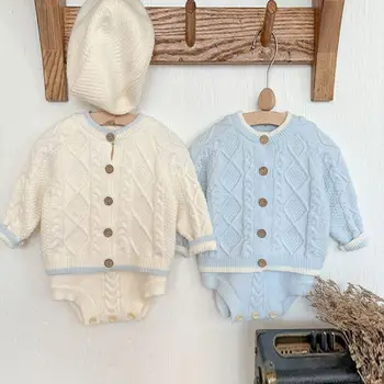2025 Autumn New Baby Girl Knitted Sweater Cardigan + Sleeveless Strap Bodysuit 2pcs Suit Infant Set Toddler Girls Cotton Outfits