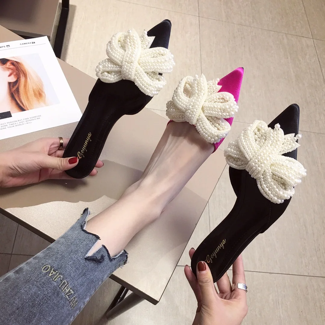 

Шлепанцы женские на тонком каблуке, заостренный носок, низкие сланцы, со шнуровкой, с бусинами-бабочками, Повседневная Роскошная летняя обувь для девушек, 2024