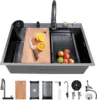 Waterfall Kitchen Sink,33x22 Single Bowl Stainless Steel Kitchen Sink, Drop-in Kitchen Sink With Multifunction Pull-out Faucet 2