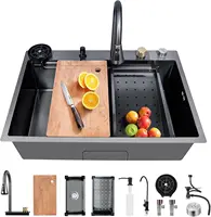 Waterfall Kitchen Sink,33x22 Single Bowl Stainless Steel Kitchen Sink, Drop-in Kitchen Sink With Multifunction Pull-out Faucet 2