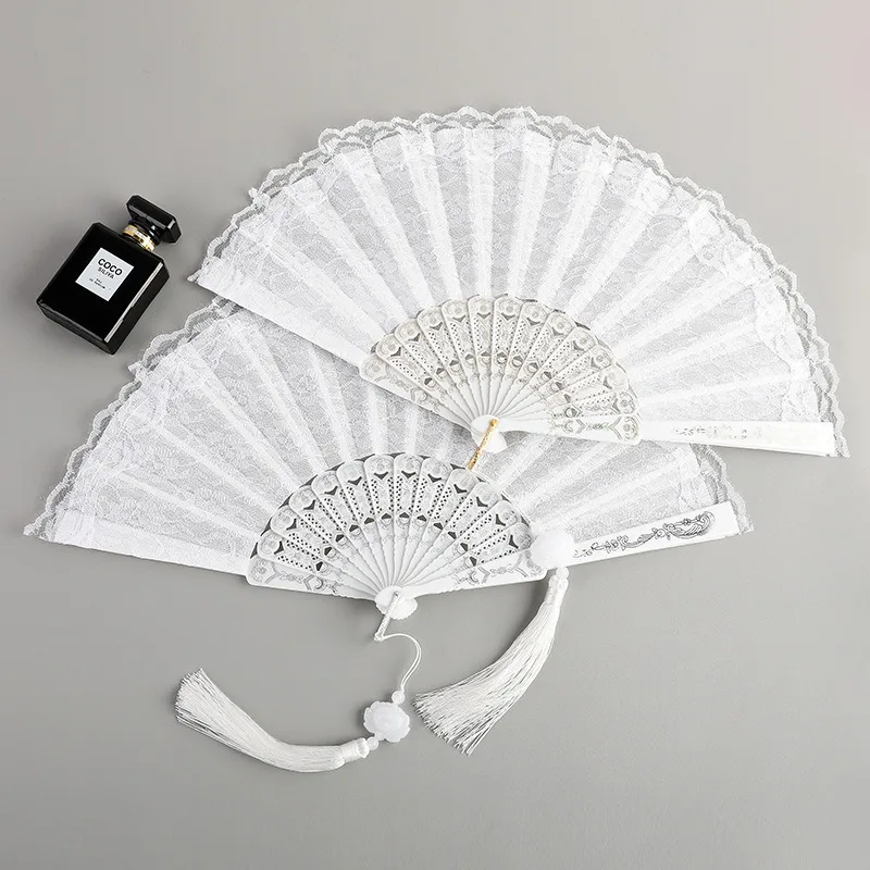 Folding Fan Hand Fan Fashion Wedding White Lace Folding Fan Plastic Wedding Cosplay Party Home Decorative Fan Ancient Bride Hand Decoration