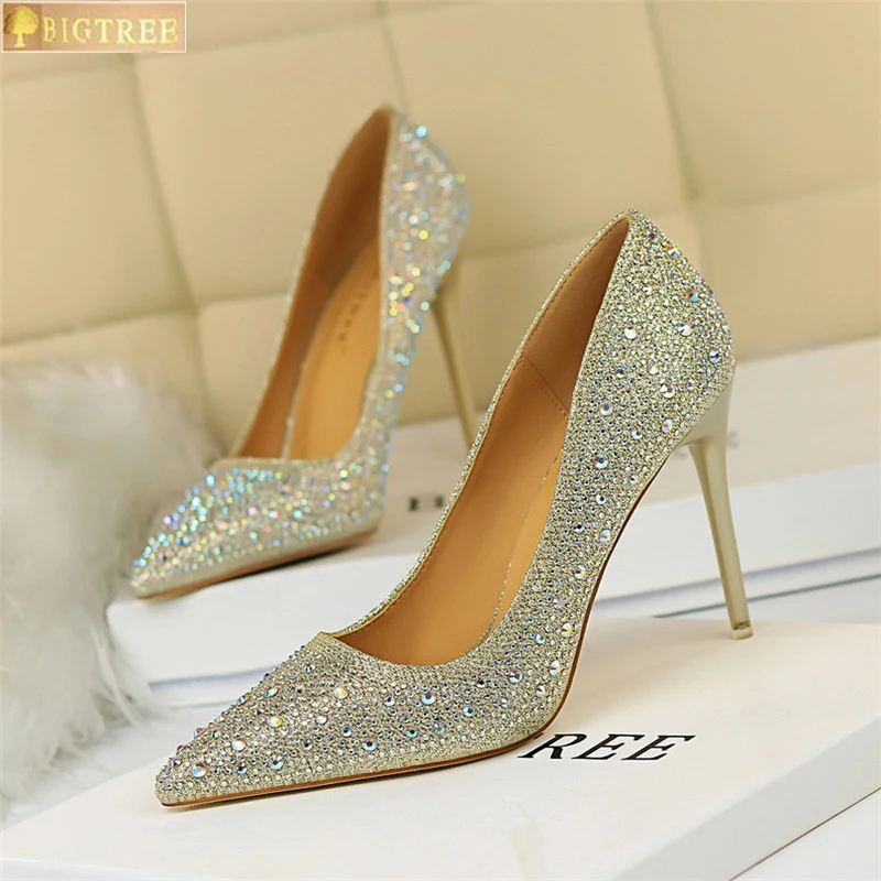 Women Shoes Pointed Toe Pumps Shallow mouth Pointed Rhinestone Colorful diamond 10CM thin High Heels Boat Wedding Dress Office