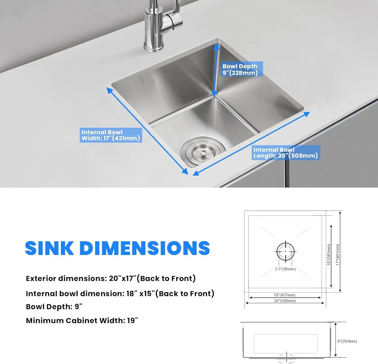ROVATE 20×17 Inch Undermount Kitchen Sink Small Wet Bar Prep Sink 18 Gauge Stainless Steel Single Bowl 9 Inch Deep Rv Sink 6
