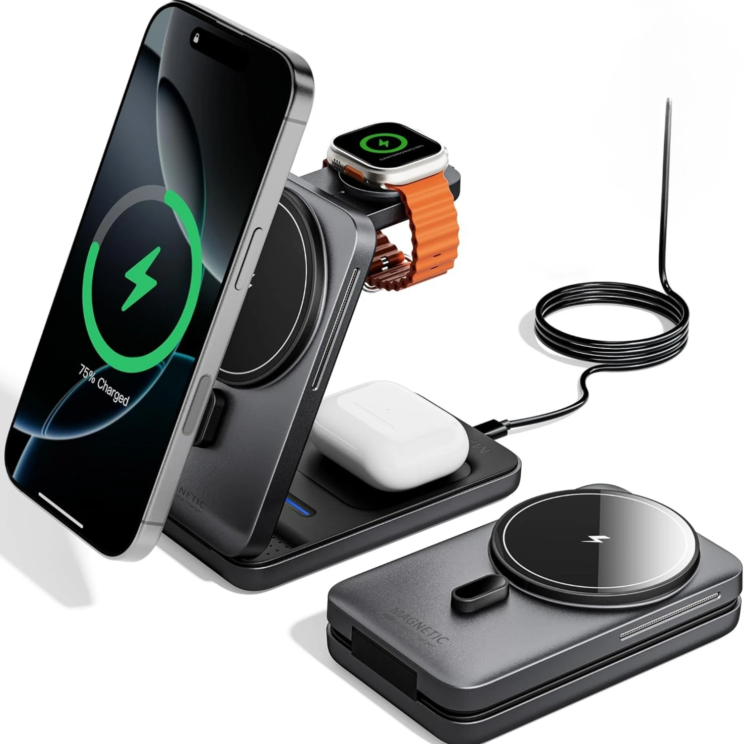 Travel Wireless Charger for Magsafe 3 in 1 Foldable Magnetic Fast Chargeing Stand for iPhone 17~12 Apple Watch 10 9/Airpods Pro