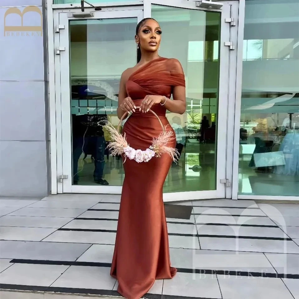 CloverBridal Trumpet/Mermaid One-Shoulder Sleeveless Satin/Tulle Sienna Color Bridesmaid Dresses Black Girls Long WE9472