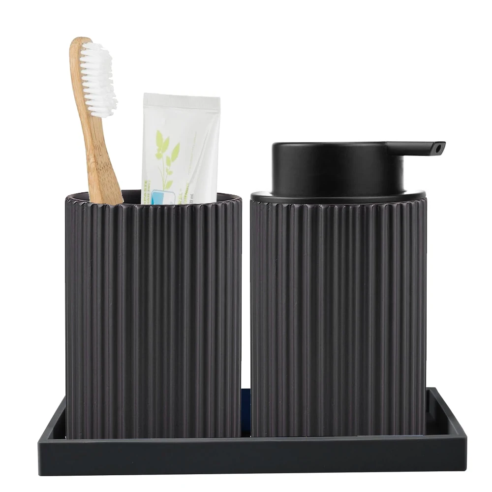 Foaming Soap Dispenser Foaming Soap Dispenser Set with Toothbrush Holder Silicone Tray Modern Black Foaming Dispenser Bottle for Hands Dishes