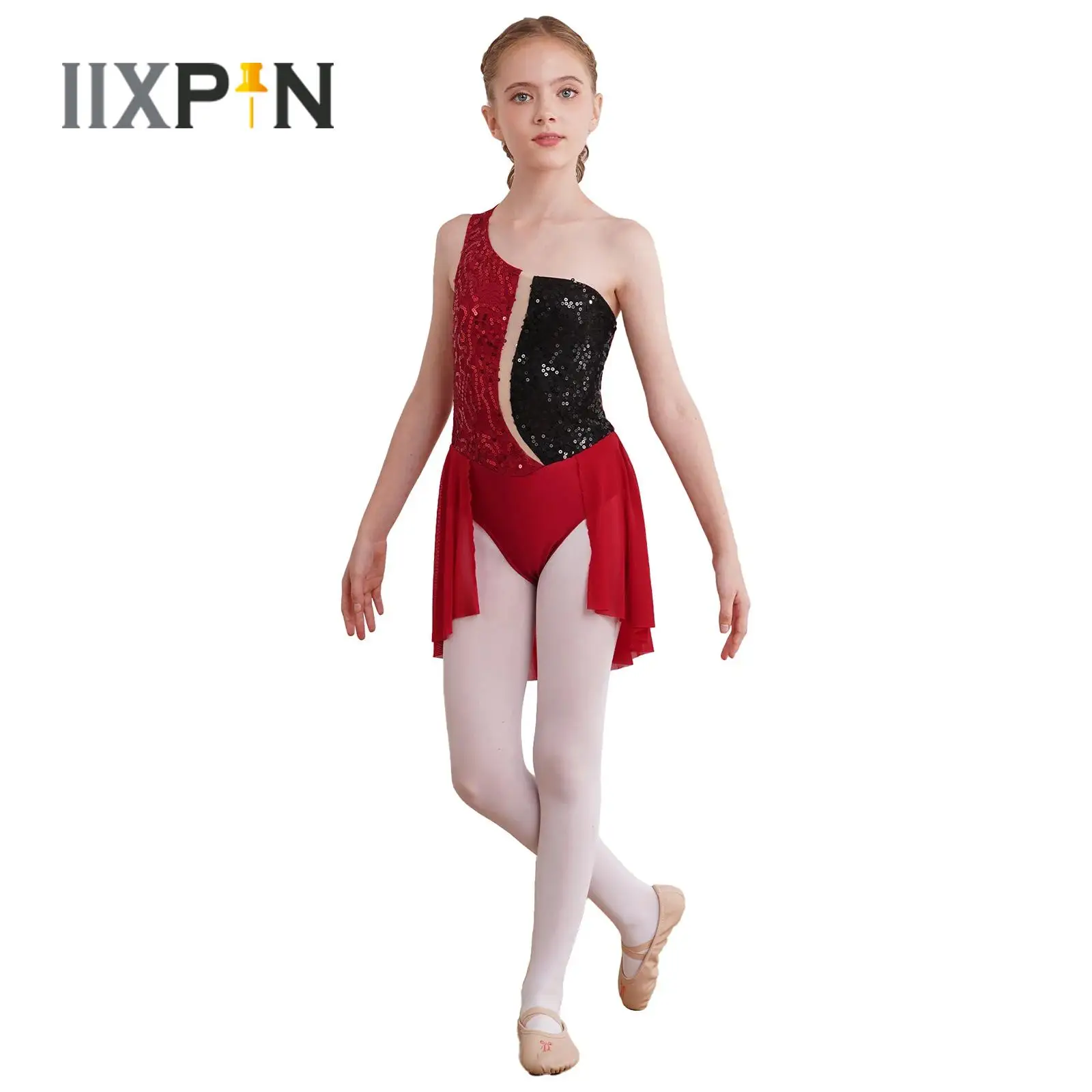 

Детское лирическое танцевальное платье для девочек, балетное платье без рукавов с блестками и открытым плечом, гимнастическое трико, платья, костюм для фигурного катания на коньках