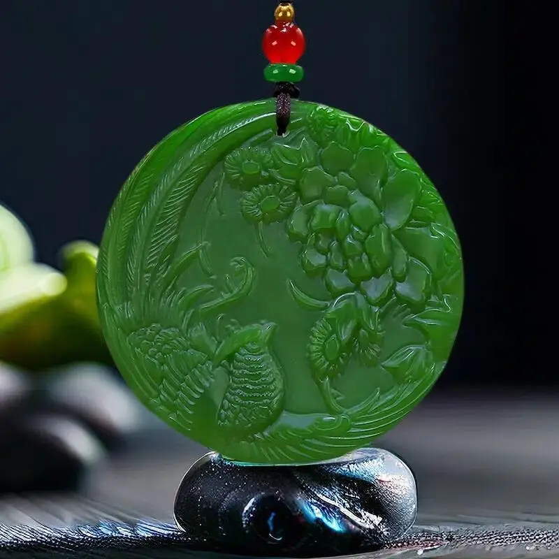 

Green Real Jade Flower Bird Pendant Necklace Carved Jewelry Vintage Gifts for Women Natural Jasper Gift Men Gemstone Luxury