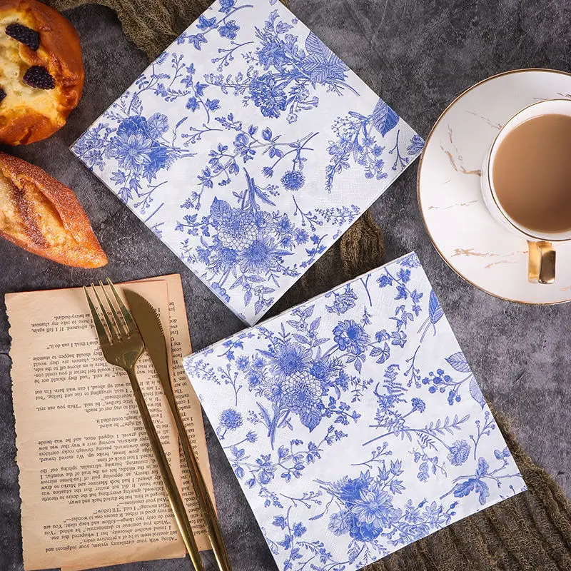 20pcs/pac Minimalist Printed Napkins Paper Ink Blue Patterned Dining Table Napkins Elegant Ancient Style Mouth Wiping Cloth paper napkins