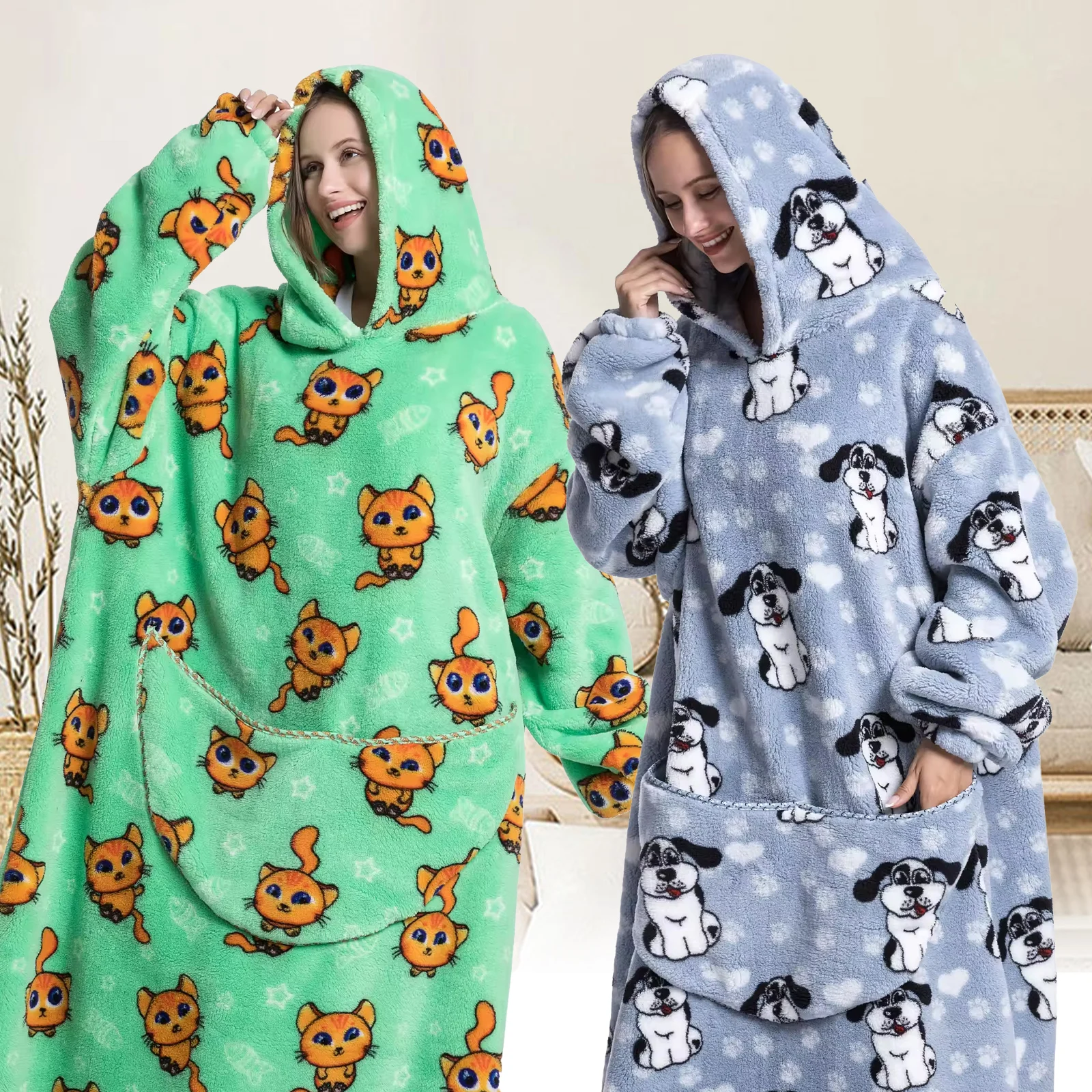 

Blanket Hoodie Oversized Wearable Blanket Sweatshirt Cute Cartoon Printed Hooded Blanket with Giant Pockets Warm Cozy Wearable