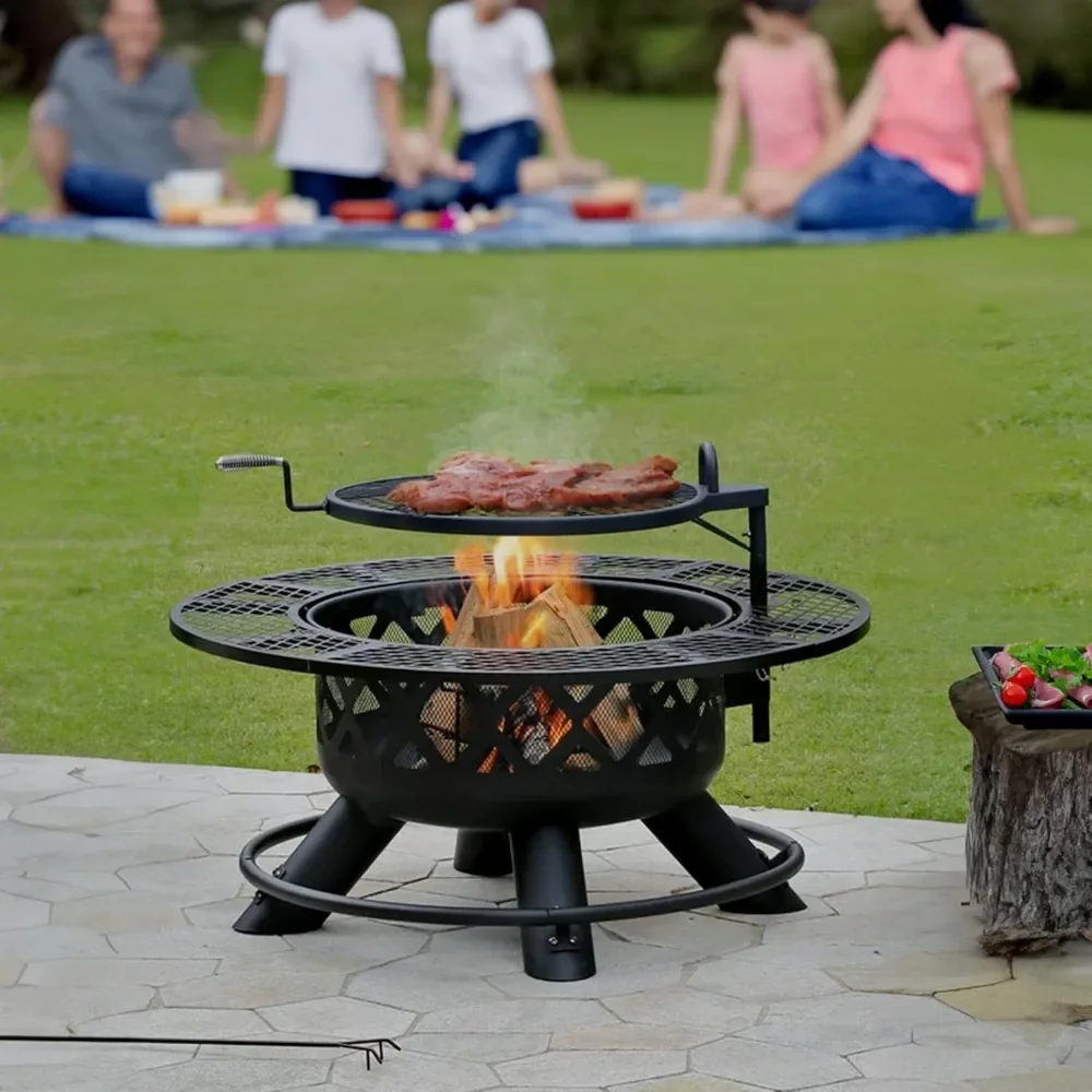 Description Picture 2 of item47" Steel Ranch Wood Burning Fire Pit Round Outdoor Fireplace with Adjustable Grill Top, Safety Ring, and Cooking Grate, Black
