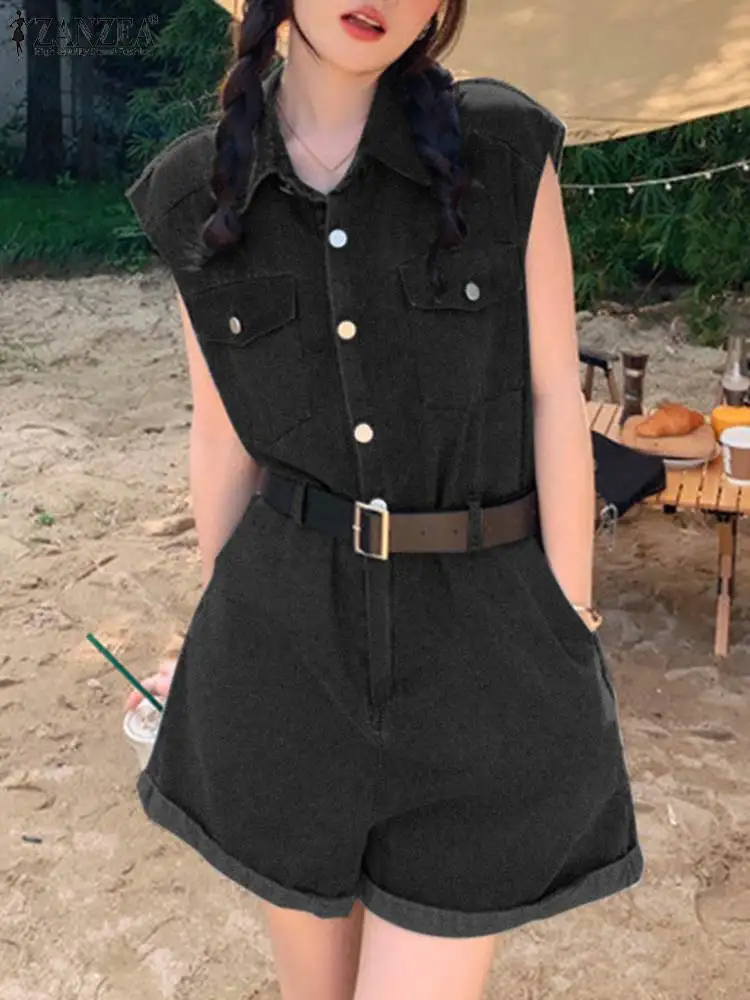 

ZANZEA Summer Wide Leg Rompers Women Fashion Vintage Denim Style Jumpsuits Lapel Neck Sleeveless Overalls Casual Solid Dungarees
