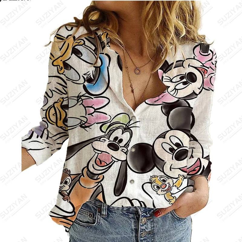 Disney-Camisa feminina solta de manga comprida, cardigã de botão impresso em 3D, temperamento, simples, rua, novo, verão, 2023