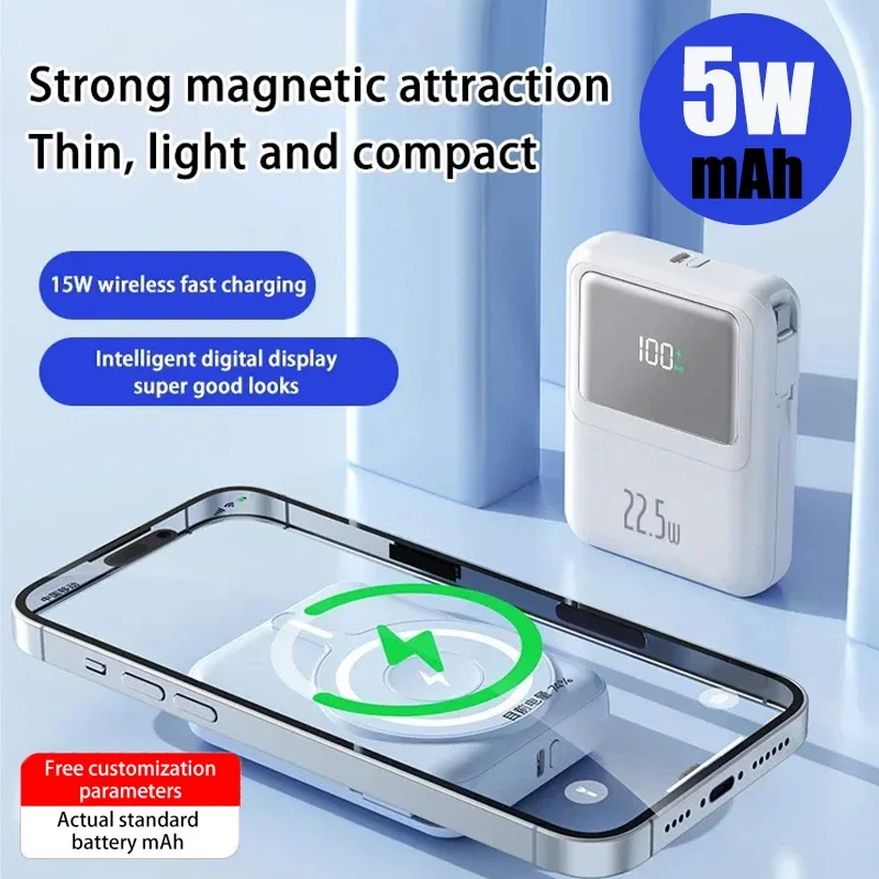 Mini 50000Mah Magnetico Qi Cavo Integrato Power Bank Caricabatterie Wireless Power Bank 22.5W Per Iphone Samsung Huawei Ricarica Rapida