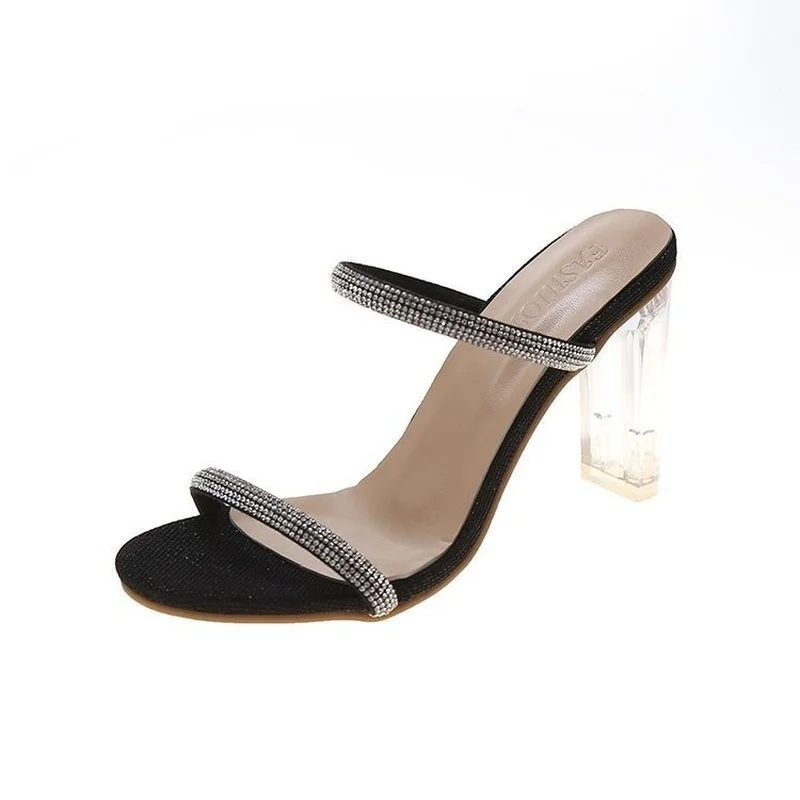 2022 Fashion Rhinestone Word Women High Heels Sexy Ladies Slippers Luxury Designer Ladies Street Beach Sandals Slippers Size 42