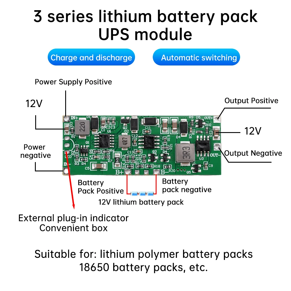 DC 12V 36W 3A Fast Charge Uninterruptible Power Supply 3S 18650 Lithium Battery Charger Module UPS Module Automatic Switching dc power supply uninterruptible power supply portable ups mini ups