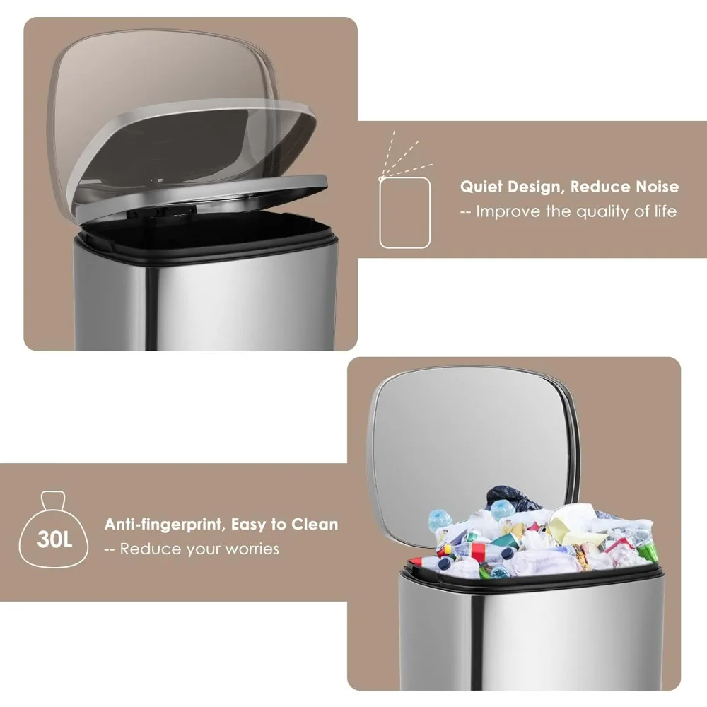 Stainless Steel Garbage Can with Silent Lid, Durable Pedal & Inner Bucket, Pedal Garbage Bin for Kitchen Inside Outside 6