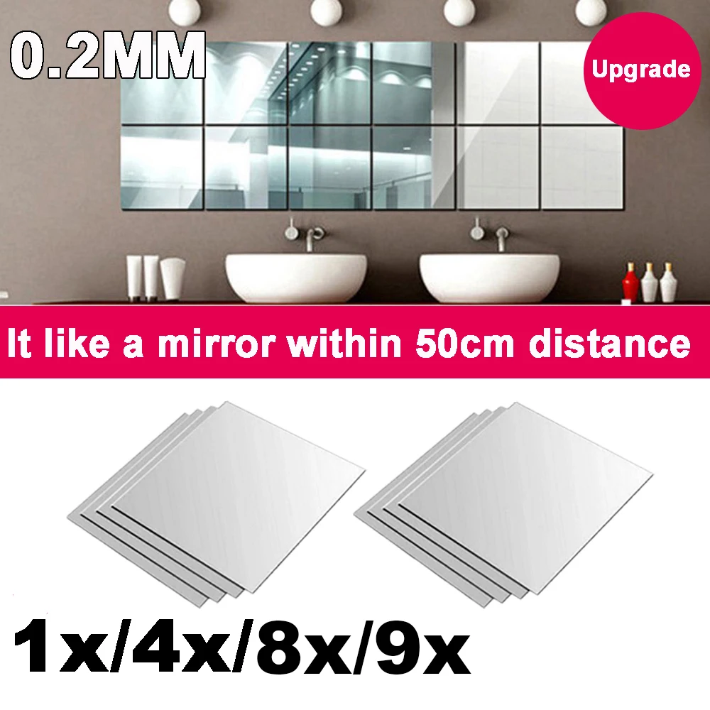 Upgrade: 0.2mm thickness-1/4/8/9/10Pcs 15x15cm Mirror Tiles Wall