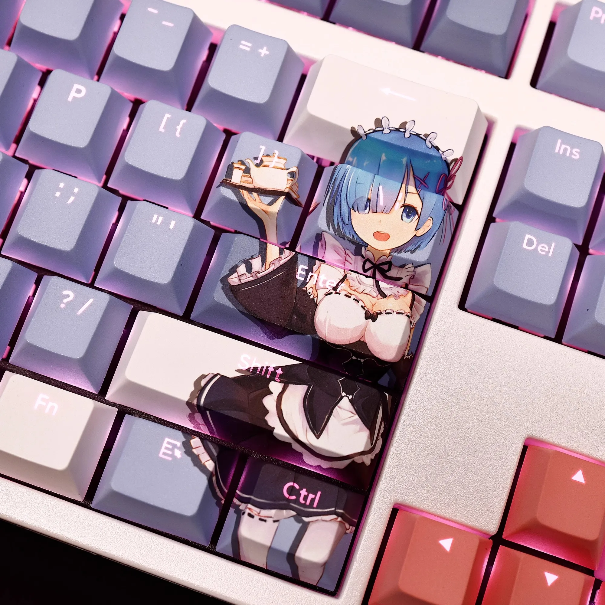 Anime Keycaps Grupo 108 Chaves Conjunto Re: Vida em um Mundo Diferente de Zero Rem Pbt Tintura Subbed Backlit Keycaps Ansi 61 87 104 - Imagem 6
