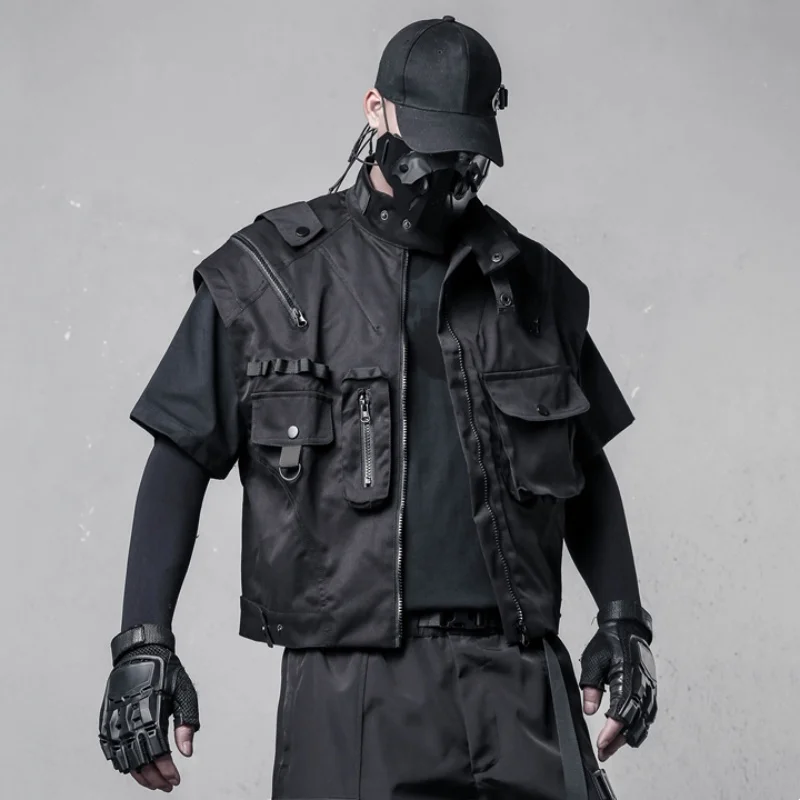 Gilet cargo homme sans manches style techwear tactical, multi-poches avec fermeture éclair et col montant