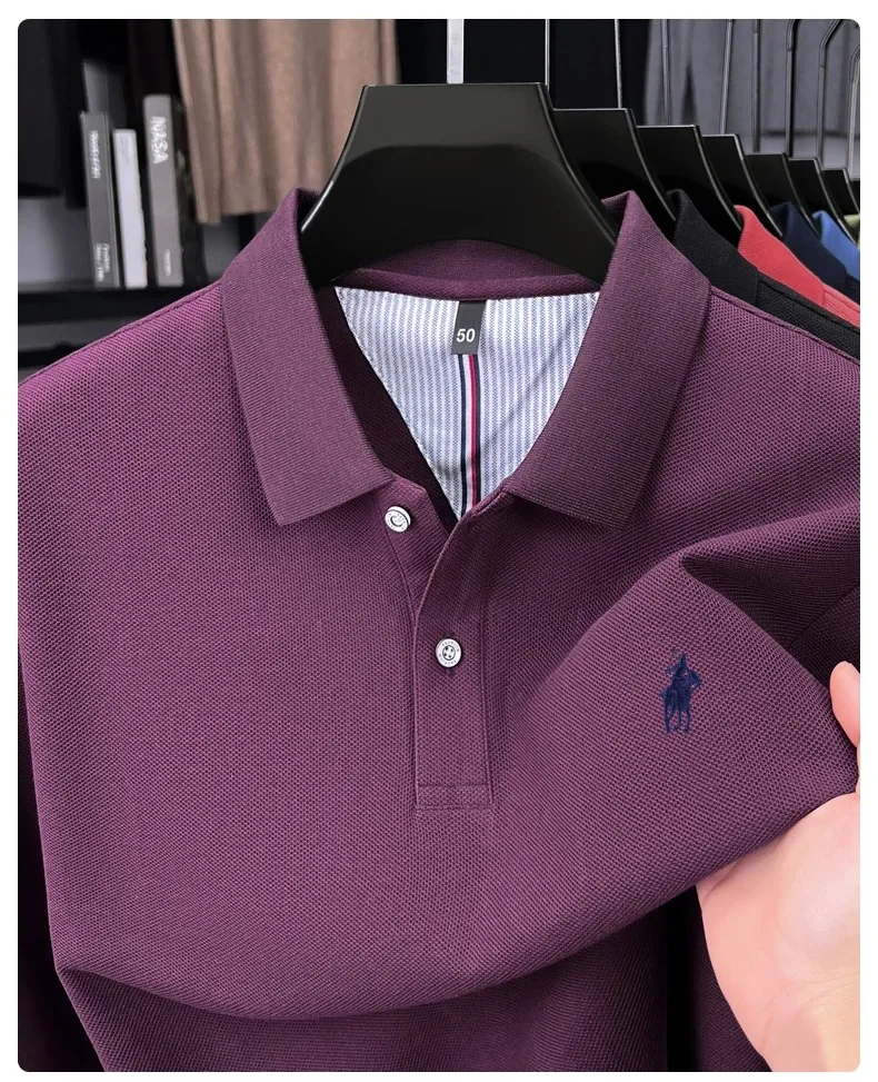 100% reine Baumwolle Luxus Herren Langarm-Poloshirt Designer-Marke Paul mit Pony-Stickerei Weicher Komfort Frühling Herbst Casual T-Shirt – Detail 34