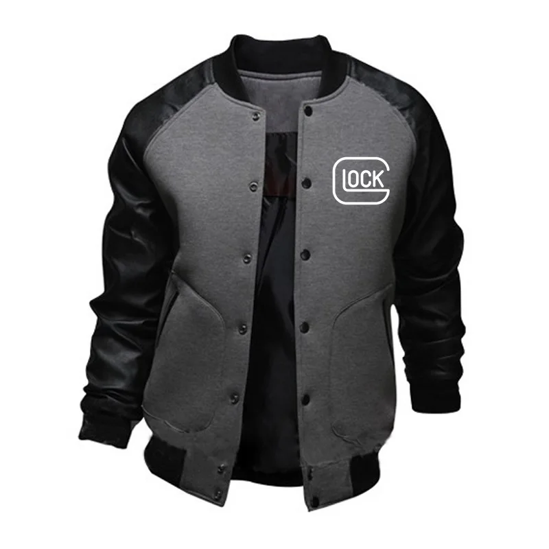 Glock Perfection Shooting Sweatshirts Mens Baseball Uniform Casual Jackets Stand Collar Black PU Raglan Sleeve Loose Outerwear