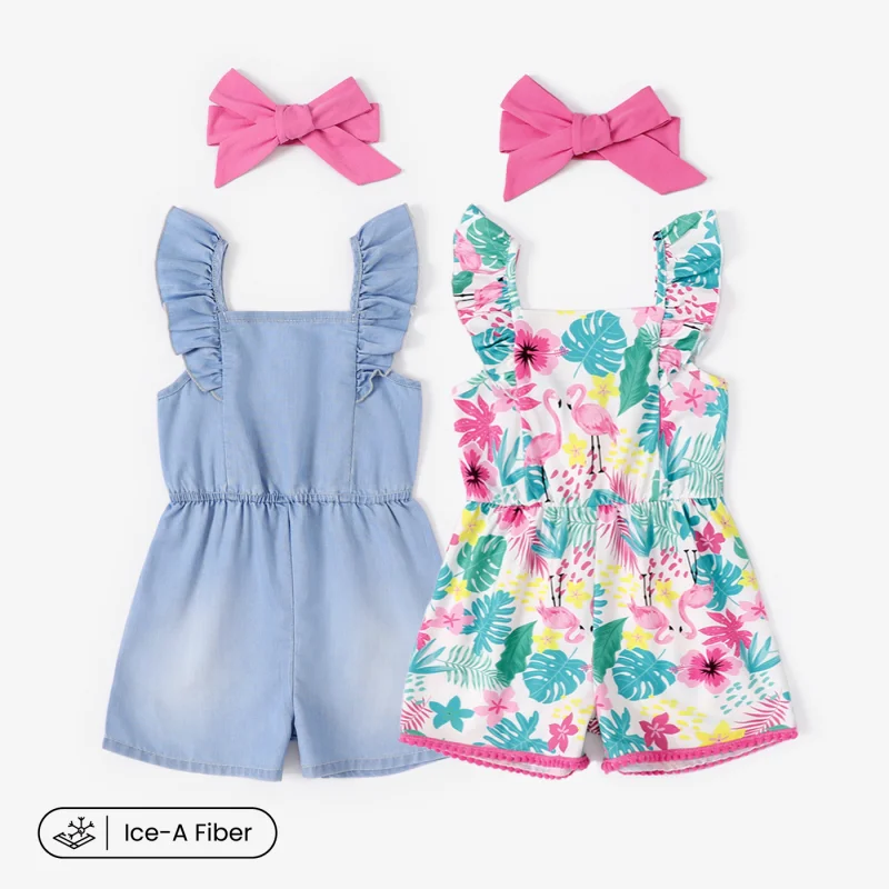 

PatPat Baby Girl Cooling Denim Solid Color/ Floral Print Jumpsuit with Headband