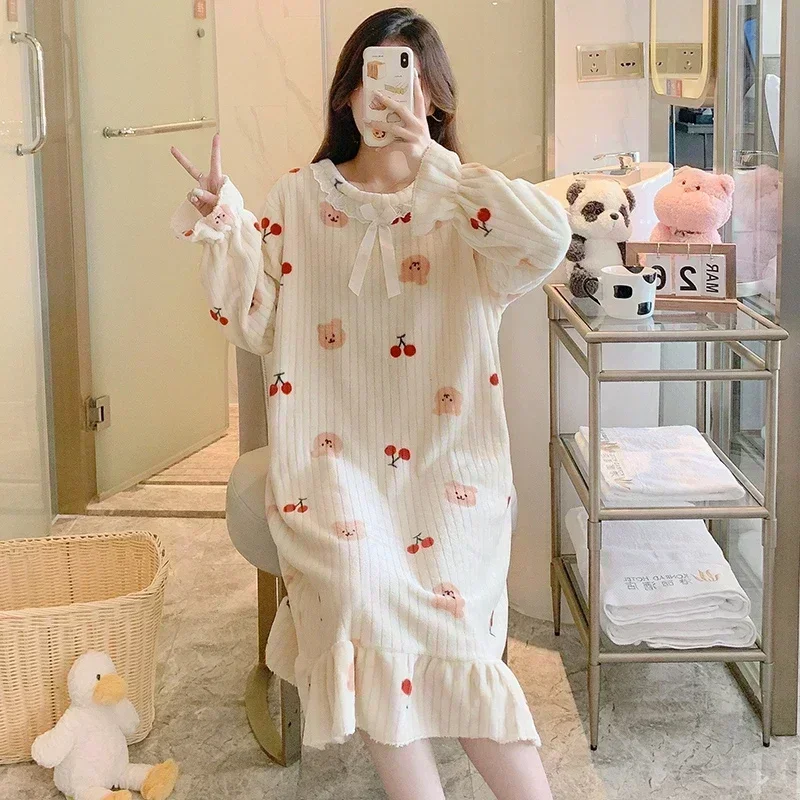 Plus Size Long Sleeve Thick Warm Flannel Print Nightgowns for Women New Winter Cute Lace Sleepwear Night Dress Nightdress Nighty