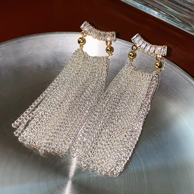 Bilincolor Square Zircon Chain Tassel Earrings