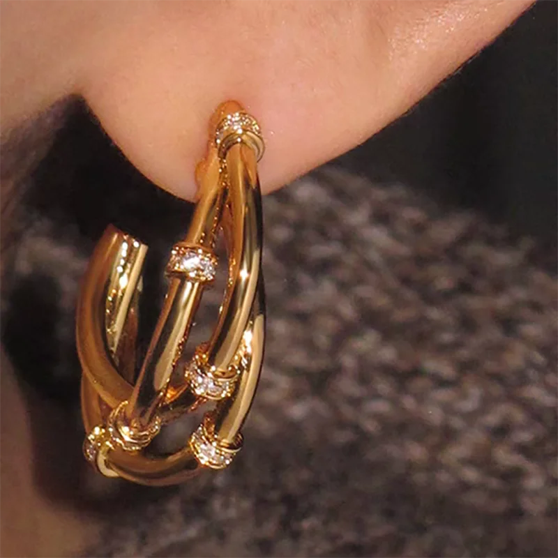 Designer Style Aesthetic Multi Layer C Shape Hoop Earrings Waterproof Zircon Ear Buckles Bridesmaid Gift Everyday Jewelry Joias