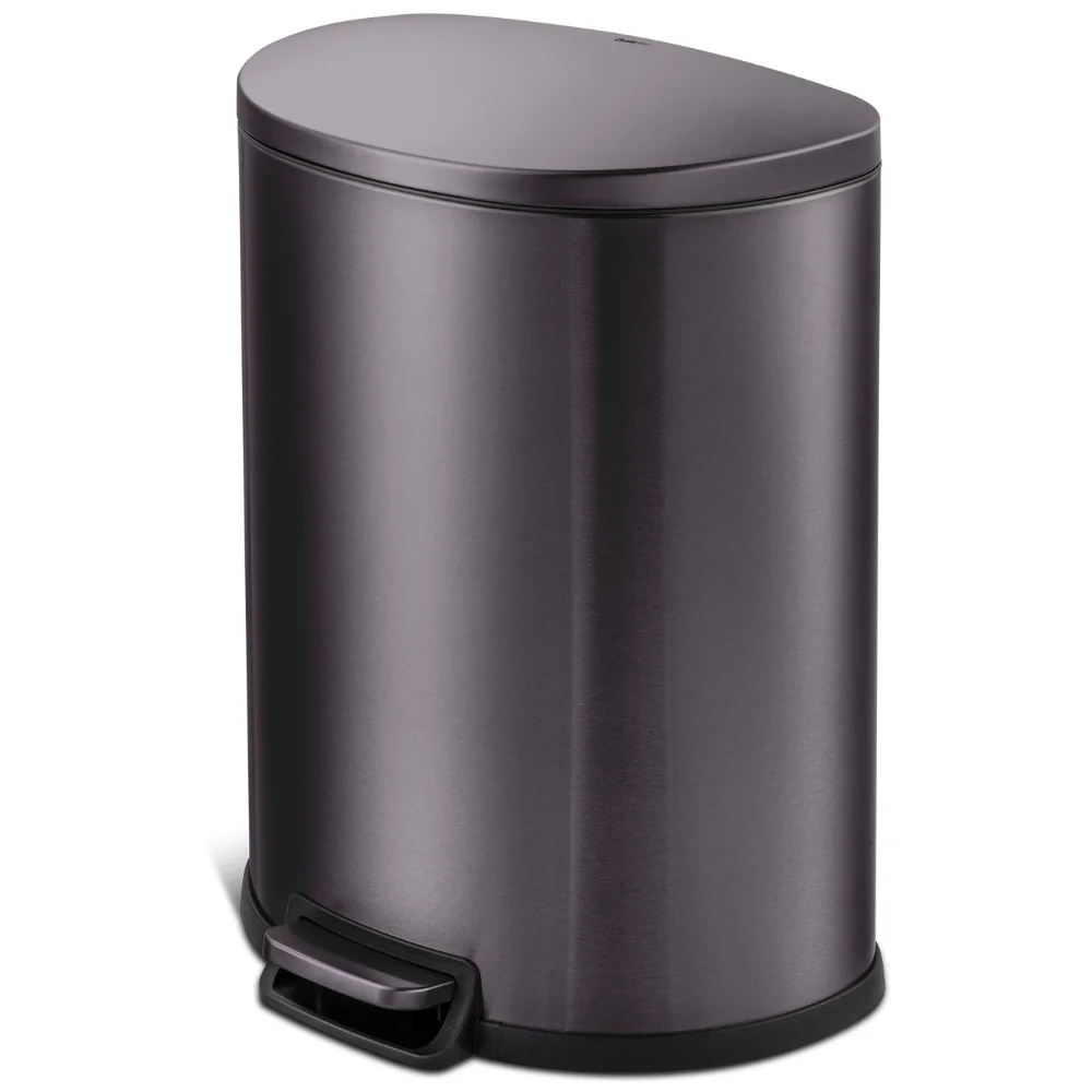 

13.2 Gallon Trash Can, D-Shape Step On Kitchen Black Stainless Steel