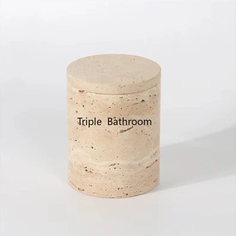 Decorative Travertine Storage Box for Jewelry Natural marble powder Bathroom Vanity Organizer Canister for Cotton Swabs 5