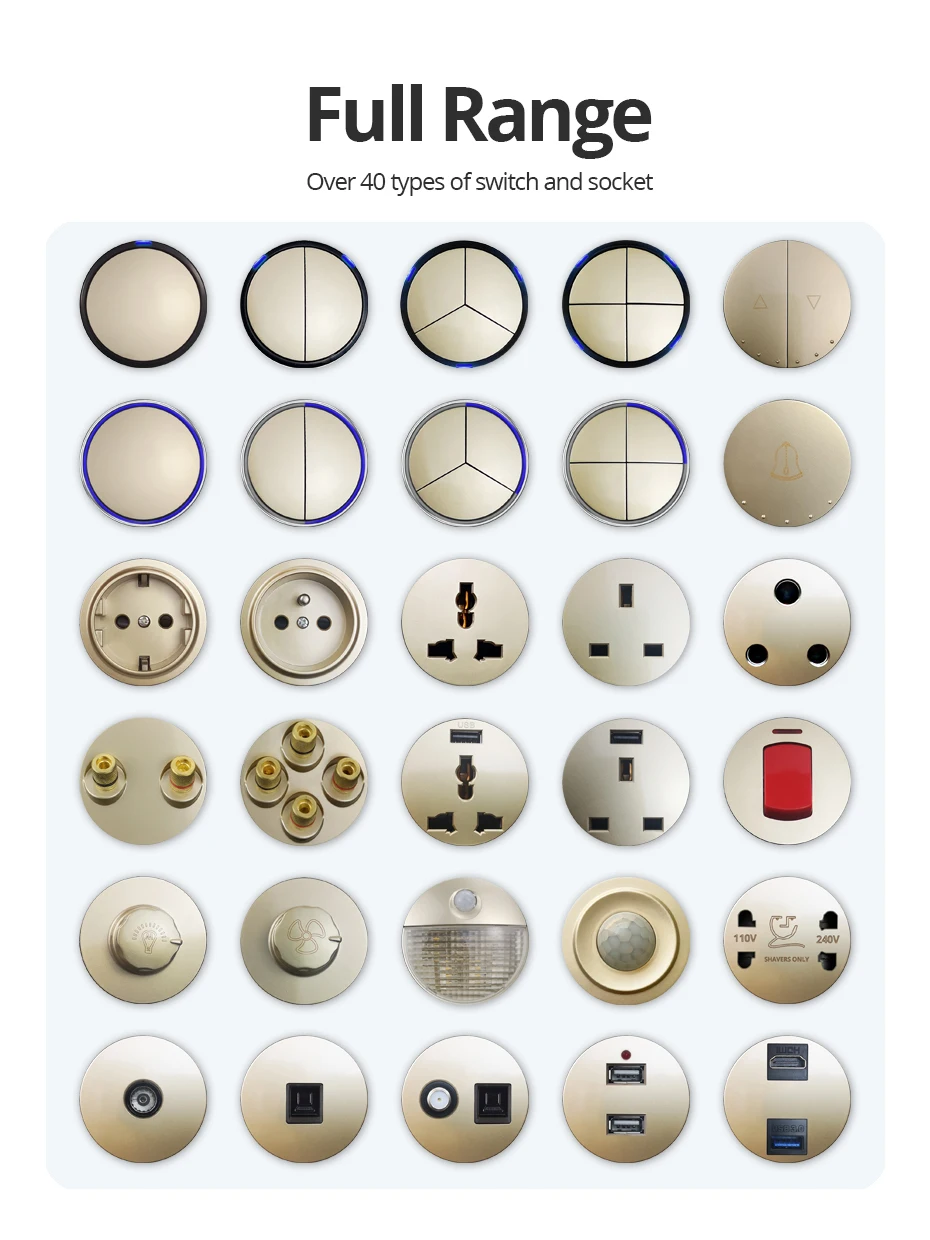 Description Picture 6 of itemWallpad Gold Tempered Glass Panel Wall EU UL Power Socket Electrical Outlet Function Key Only DIY Module AC110-220V