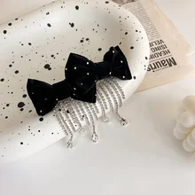 

LOVOACC Sweet Bling Bling Rhinestone Long Tassel Hair Clip for Women Lady Black Color Velvet Bowknot Barrettes Hair Accessories