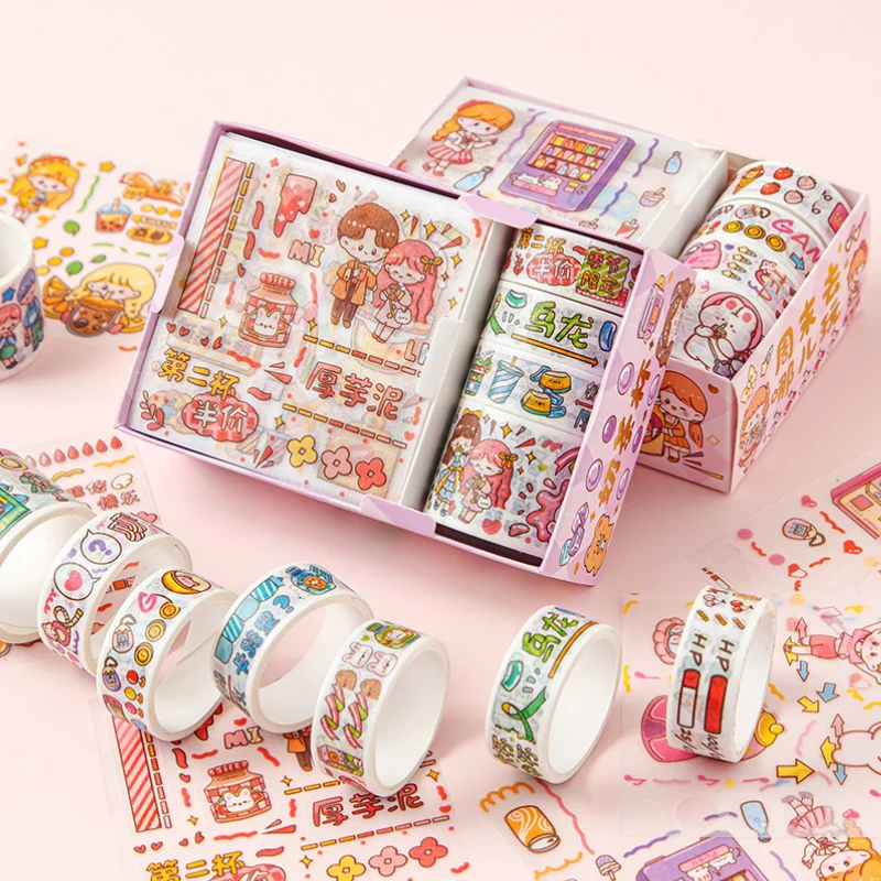 8 PCS Kawaii Washi 테이프 및 스티커 세트 일본 종이 마스킹 테이프 저널 장식 학교 용품 편지지