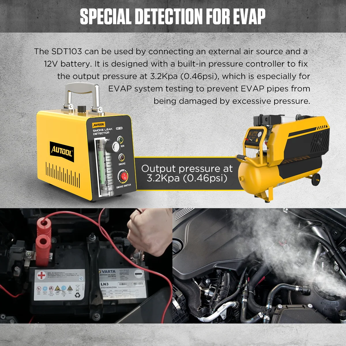 AUTOOL Analizzatore di perdite di tubi automobilistici Strumento diagnostico di perdite di vuoto SDT103 Generatore di fumo per rilevatore di perdite di fumo per auto - immagine 3