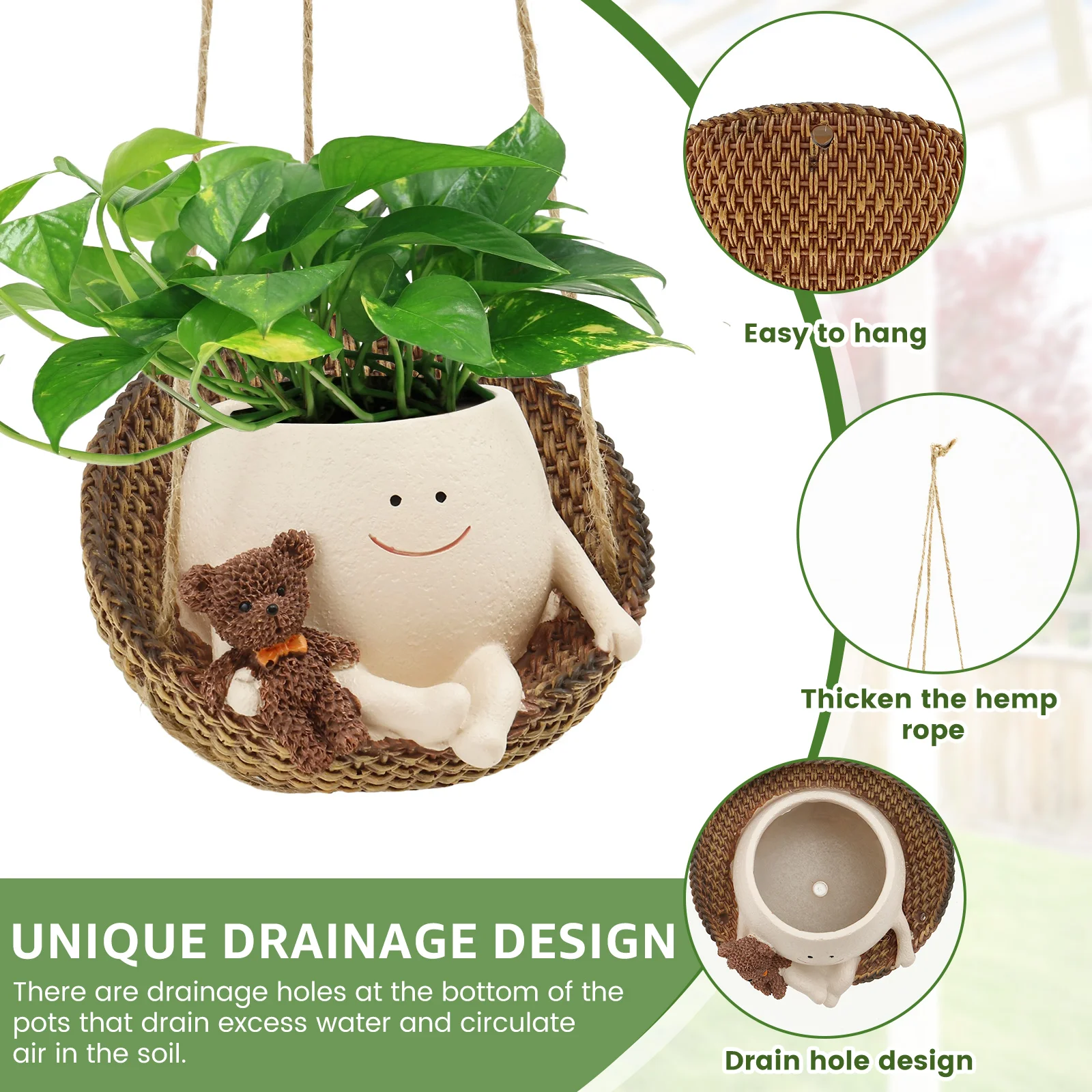 Swing Face Pot Cute Resin Smile Face Planter Decorative Little Swinging Pot with Drain Hole Home Creative Rocking Succulent Pots