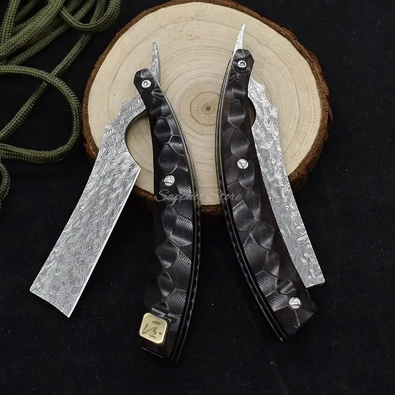 

Damascus Steel Vintage Razor Natural Ebony Handle Hardness 58 60HRC Barber Haircut Shaving Outdoor Knife With Organizer Bag