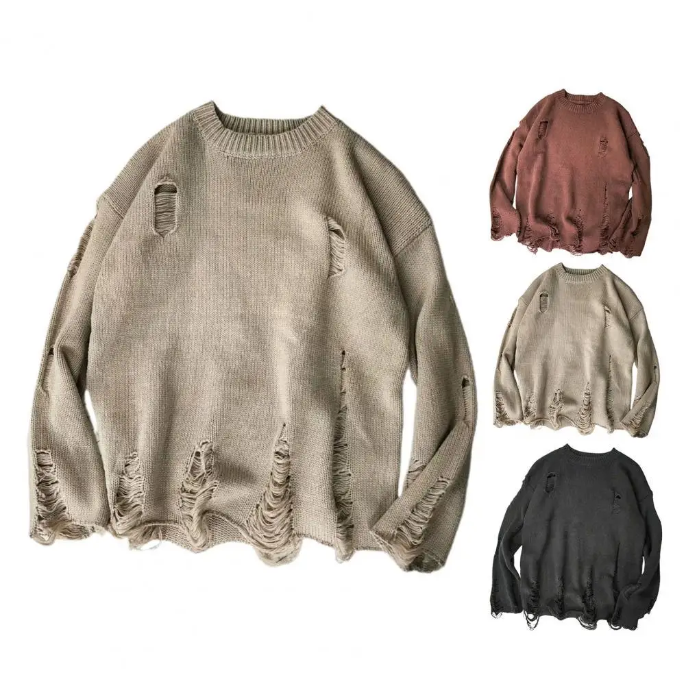 

Korean Fashion Men Oversized Sweatshirts Hole Ripped Sweaters Winter Solid Pullovers Knitted Sweater Men's Clothing Streetwear