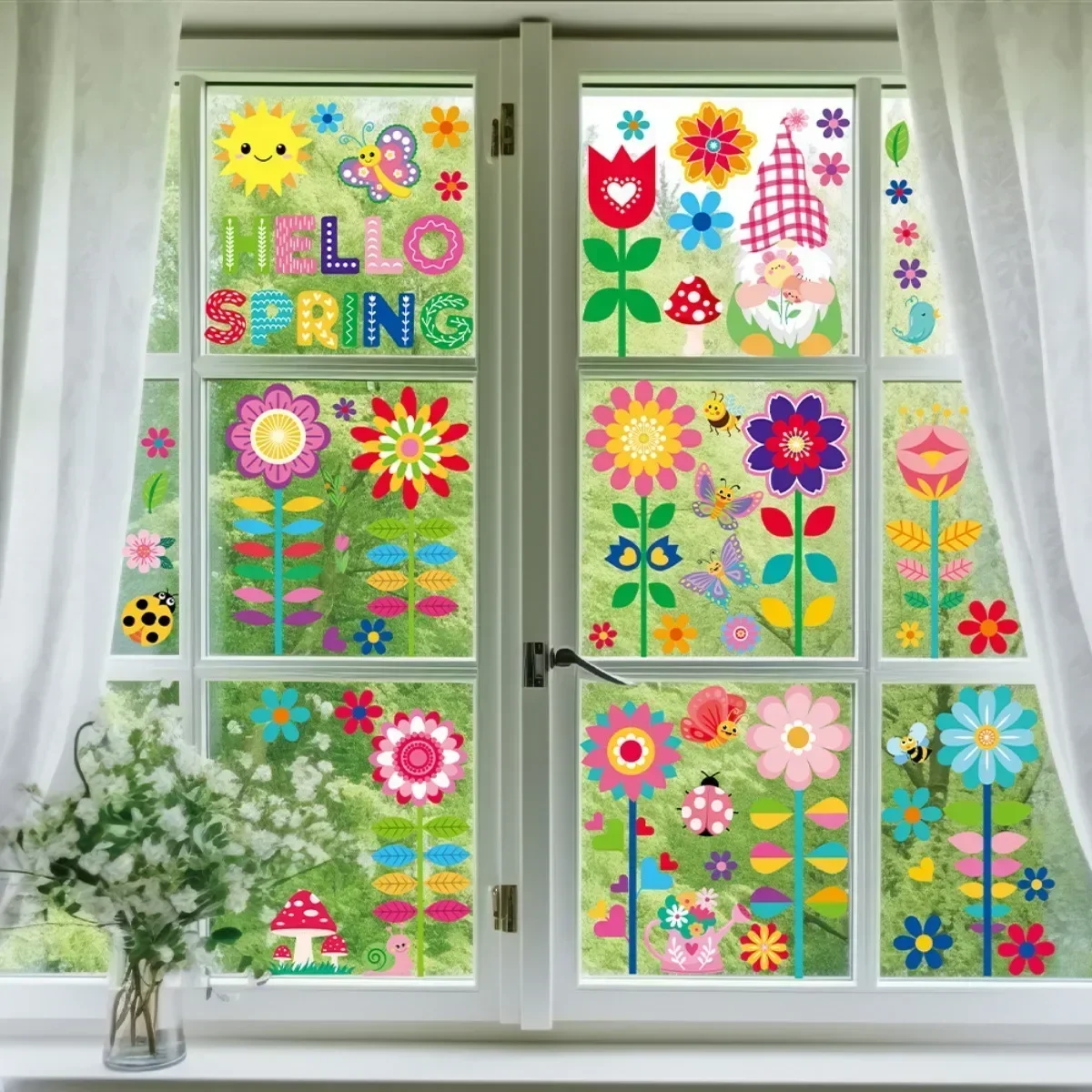 9Sheets Flower Butterfly Happy Easter Decoration Static Cling Hello Spring Window Stickers Party sticker for Glass Doors Mirrors